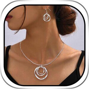 Women's 925 Plated Hypoallergeni 3 Circles Silver Hoop Earring and Necklace Set